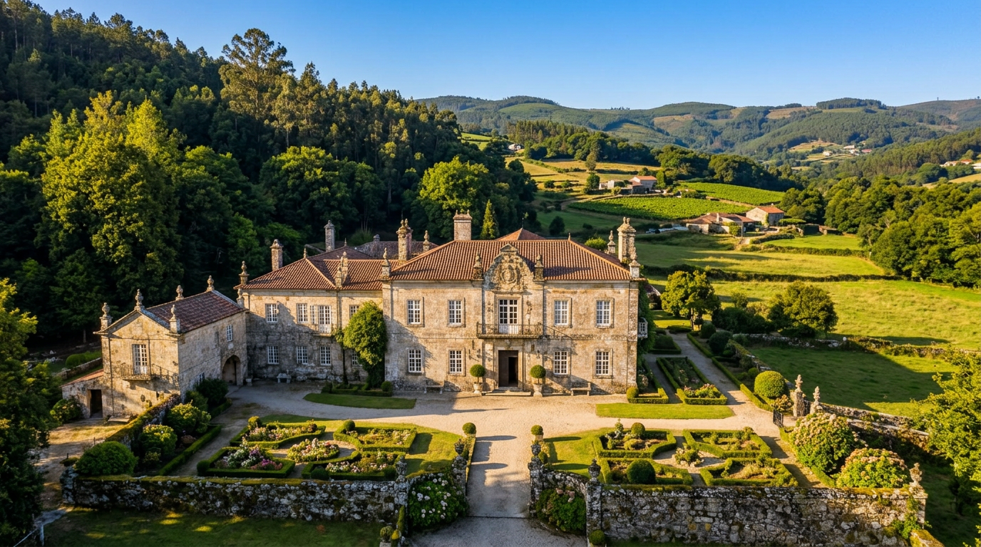 A granite pazo in the Galician countryside at first light
